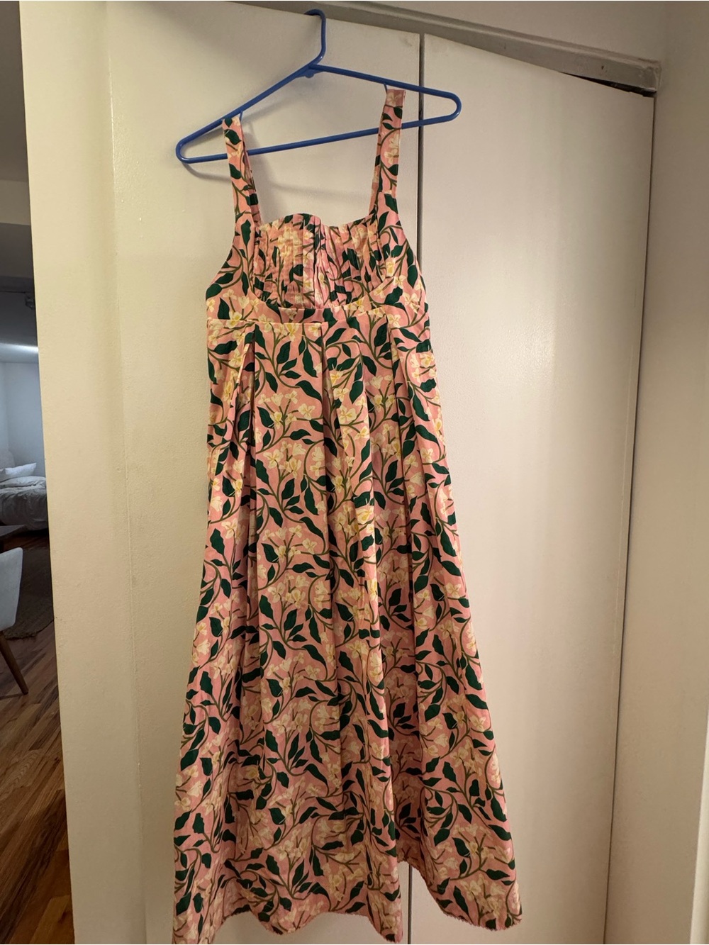 Agua by Agua Bendita Pink Floral Maxi Dress with Green Leaf Print